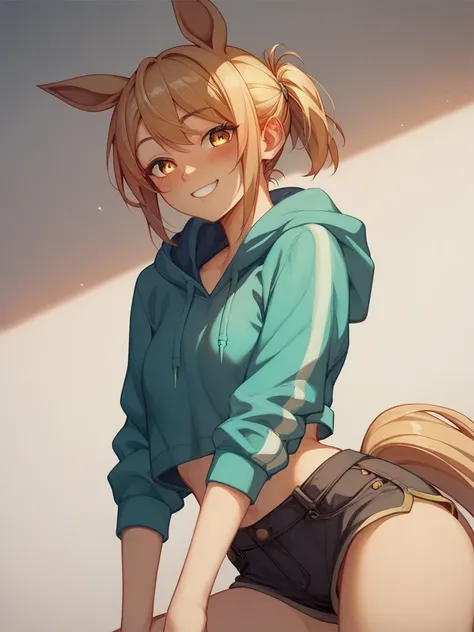  Uma Musume、 in the seat、  horse tail、 horse ears、 golden eyes、 Gold、 Shortcut、 Short Ponytail、blush、 girl、Petite、 lori、Sadistic smile、 hoodie、 shorts 