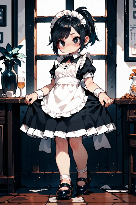 1人の女の子（とても幼い）、full body、,black hair,short hair,short ponytail,swept bangs,black eyes, horizontal pupils,maid, blush,small breasts, sanpaku、カーテシー