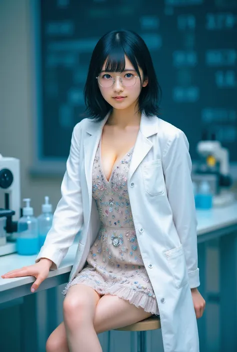 1 beautiful woman, glasses, long lab coat, blouse, in biological laboratory, sitting on stool, 1 elbow on desk, tired, black hair, short hair, tiny breasts, flat chest, thin body, Japanese, frilled skirt, The laboratory is filled with scientific equipment ...