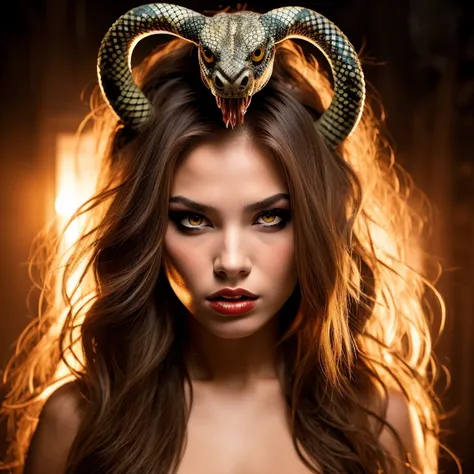 Evil demoness with a head of snake, snakes in her hair, yellow eyes
