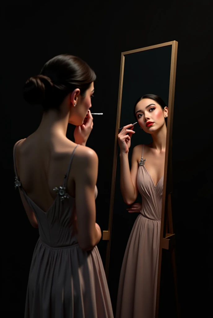 A girl in full dress doing makeup infornt of mirror with dark background