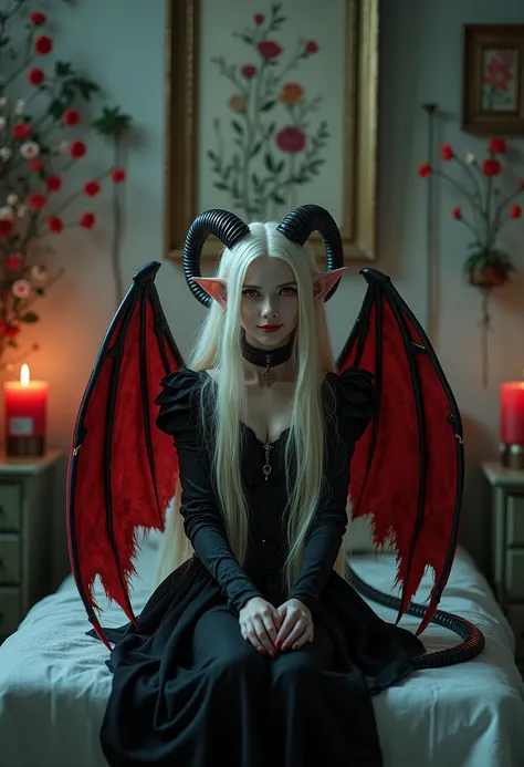 pale white skin young vampire girl aged 18, with very very long blonde royal hair, red demon eyes, red vampire wings, a long demon tail, long ears, sheep horns, wearing black vampire steel heavy armour, sitting on the bed in a hospital room with flowers he...