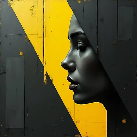 A creative and simple cubist digital work, Dark charcoal & bright yellow