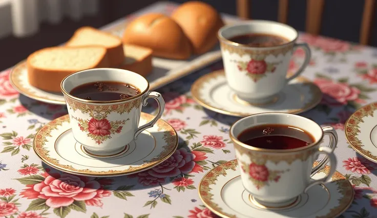 Vintage coffee mugs placed on the table, beautiful tablecloths, bread on plates, snow, accurate, , anatomically correct, Scan Lines,  movement lines ,  background image,  close-up,  camera angle from above , Zoom Floor,  Anime, สไตล์ Anime, 