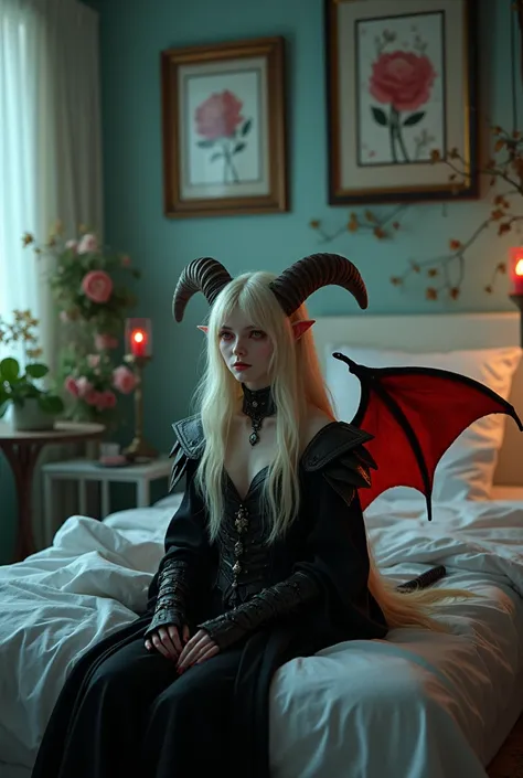 pale white skin young vampire girl aged 18, with very very long blonde royal hair, red demon eyes, red vampire wings, a long demon tail, long ears, sheep horns, wearing black vampire steel heavy armour, sitting on the bed in a hospital room with flowers he...