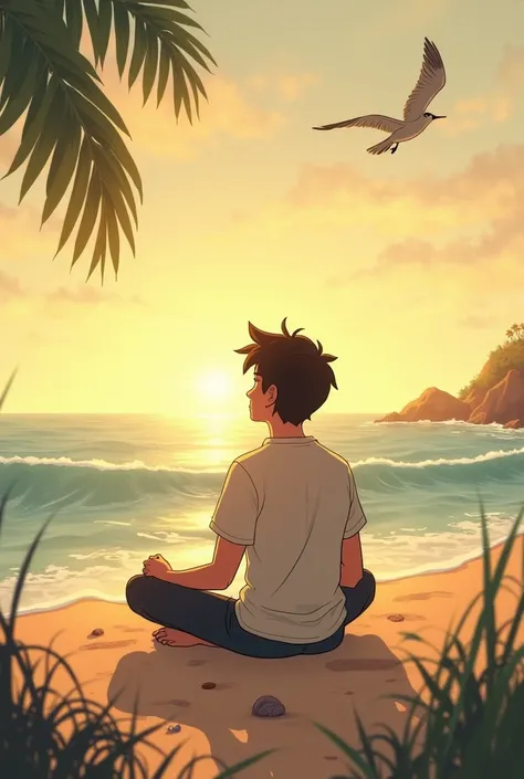 Make me an animation about Lucas sitting
On the beach,embracing feelings and emotions