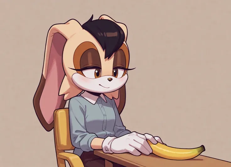 Vanilla The Rabbit. a woman sitting in a yellow chair with a banana in her hand, 1girl, solo, black hair