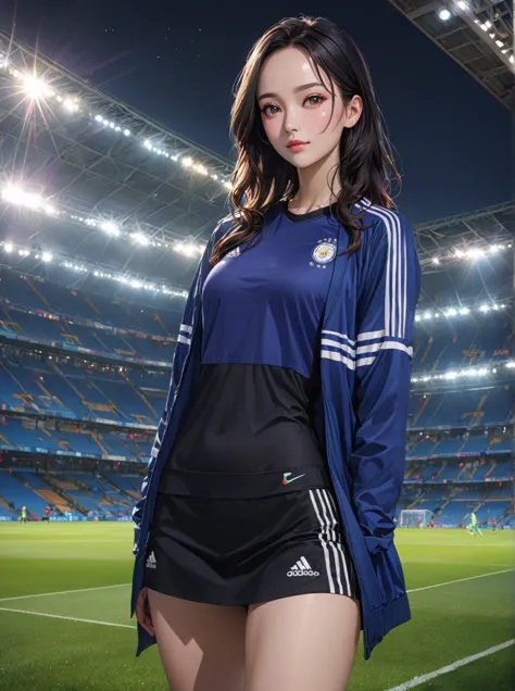 ctrl-net, age woman, standing posed, outside soccer stadium, BREAK, (black hair, medium hair, forehead), BREAK, ((red and black striped soccer shirt, vertical striped shirt, 2 colored tone shirt, short sleeves shirt), (denim pencil mini skirt), black ankle...