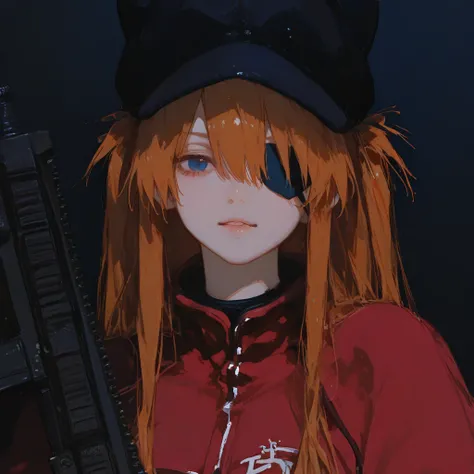   very aesthetic ,         volume lighting  、     top quality,    Masterpiece,     748cm style    ,    high detail、8k wallpaper、   top quality、  absurd,     latest,      1 female、    Soryu Asuka Langley   、    orange hair、    blue eyes、    eye patch    、 b...