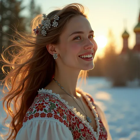 " Ultra-detailed portrait of an incredibly beautiful 40-year-old Slavic woman,  dressed in a traditional winter dress with intricate Russian lace patterns ,  inspired by the sun ,  in neo-futuristic style .  profile view:  thin facial features , A cheerful...