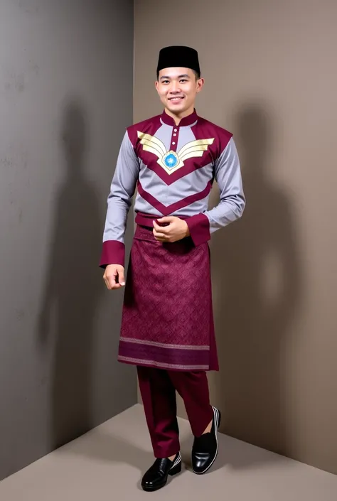 A young man with a Malay face and a warm smile, wearing modern Malay custom clothing inspired by ultraman costumes.  His shirt is maroon with silver accents in the shape of a strict stripe on the chest and sleeves ,  and has buttons on the front . Iconic c...