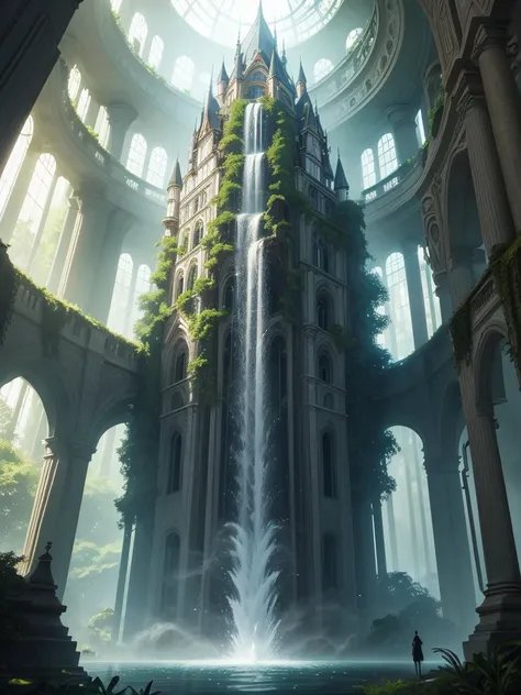 Create a magnificent and enchanting academy building hidden within a vast, mystical forest. The building is colossal in size, designed to resemble a grand castle. It features glass towers and green decorations that blend seamlessly with the surrounding nat...