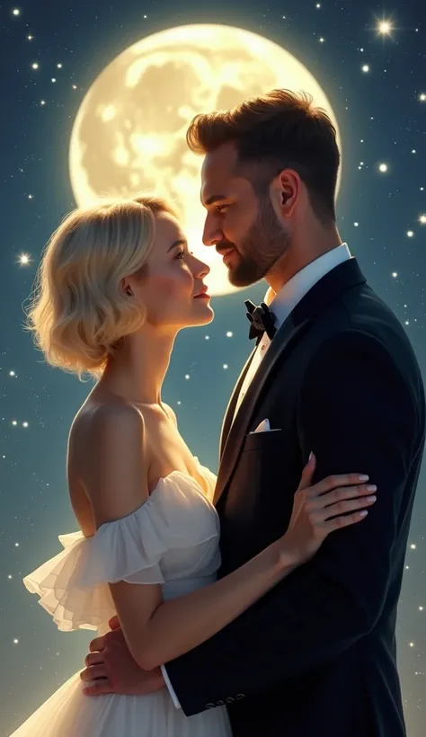 A beautiful blonde woman with short hair that reached her shoulders, wearing a wonderful white dress, looking like an angel with love at a handsome man with a short beard and wearing an elegant black suit, and around them the ether is sparkling with stars ...