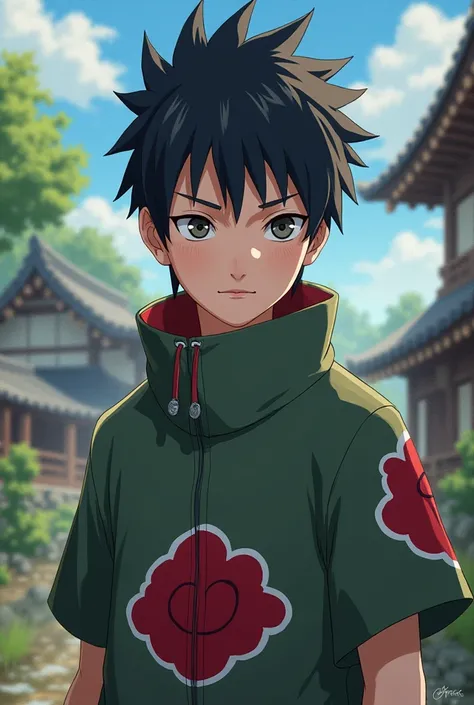  generate an anime boy, Konoha villager ,  with the symbol Uchiha 