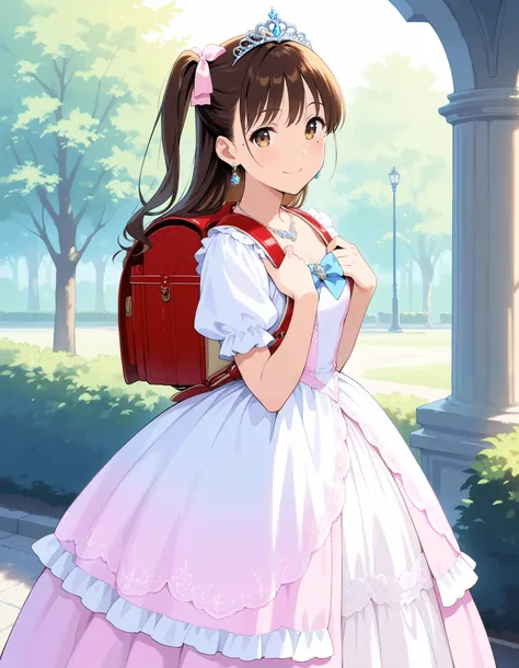 masterpiece, best quality, highres,2d, anime, 1girl, long hair, one side up, solo, ponytail, brown hair, long hair, hair ribbon, brown eyes, mole under eye, cowboy shot,princess dress, princess Costume, colorful princess dress, wearing Tiara, luxury dress,...
