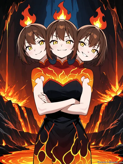 anime lava demon girl with three heads, conjoined, brown hair, gold eyes, relaxed, smug, smile, arms crossed, dress made of fire, flame pattern dress, lava, volcano cave, volcanic chamber