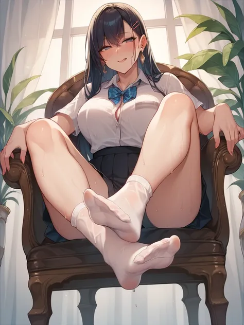 Score_9, Score_8_up, Score_7_up, Score_6_up, Score_5_up, Score_4_up, Source_anime, Tag1, Tag2, seductive face,Anime women very wet sweaty socks under chair showing his feet soles close to the camera, 