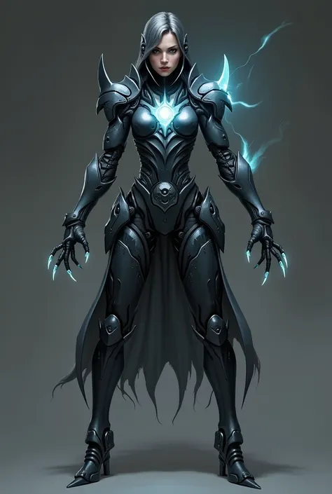 Sci-fi female warrior, futuristic,  robotic design,  intense gaze,  full body,  standing pose,  dark,  gray metallic armor,  iridescent icy blue glow accents,  glowing blue energy orb,  sharp claws on hands and feet,  powerful presence,  enigmatic and form...