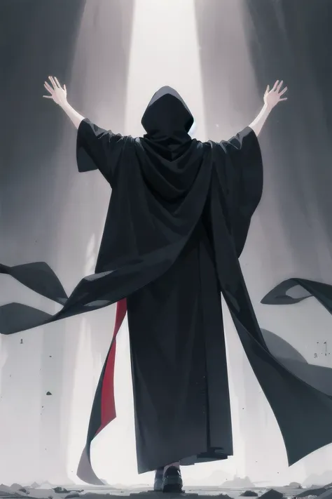 a tall person,a woman,full body,from behind,raise both hands above head,(prayer),(black hood), black robe,black cloak,big cloak,glimpse of silver hair,