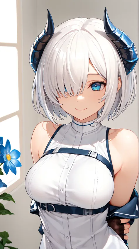 1girl, bethel, blue eyes, bare shoulders, breasts, medium breasts, short hair, white hair, hair over one eye, bangs, gloves, sleeveless, solo, shirt, fingerless gloves, white shirt, sleeveless shirt, arms behind back, off shoulder, horns, smile, (masterpie...