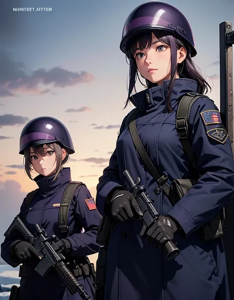 one female soldiers in DEEP NAVY Purple color greatcoats、 Wear a helmet 、Standing guard at the front、Winter gloves ，Tactical shoulder strap、Magazine Pouch、 Holding a gun， Winter military base ， write details、 masterpiece、 are of the best quality 、High prec...