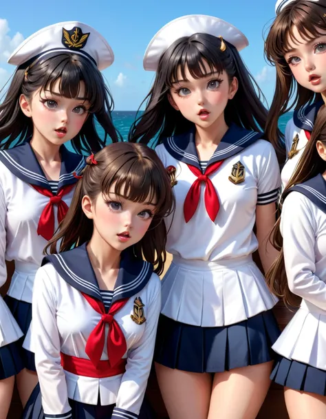   Group Photos,   multiple girls , (( 3 girls)), orgasm,  watching viewers ,   different hairstyles  ,   detail hair ,  Wow , ( sailor suit:1.1),  portrait, ( masterpiece:1.2), 最 high quality,  high quality, ( super detailed), 4K,  Hi-Res,  Photorealistic,...