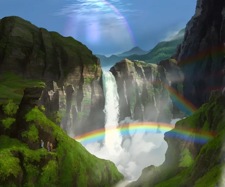 there is a rainbow in the middle of a waterfall with a rainbow in the middle, rainbow river waterfall, lakes and waterfalls, high waterfalls, waterfalls and lakes, cascading iridescent waterfalls, huge waterfalls, moonbow, with waterfalls, epic and stunnin...