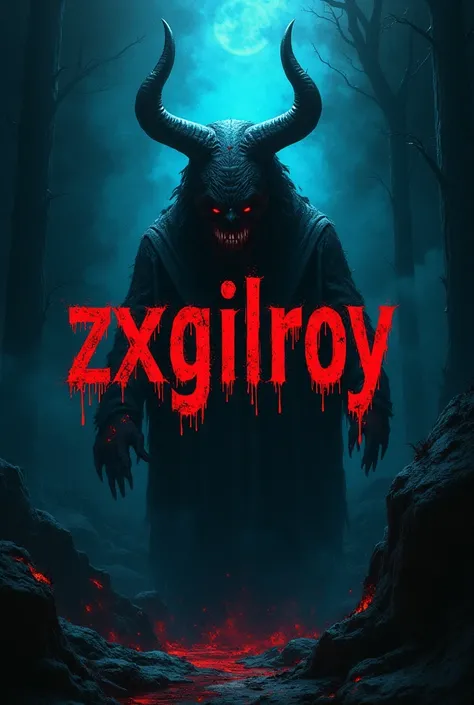 I want a banner that is a dark satanic background with dark blue filter and gore style with letters in the center that say ZxGilroy and that are the letters gore style and diabolic distortion style