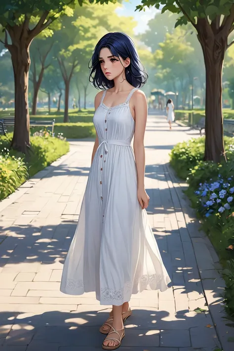 (masterpiece, best quality, 8k, high definition), whole body, 1 woman, medium-length dark blue hair, mid-chest, brown eyes, soft lips, beautiful face, wearing a white sundress, natural light, detailed background, Detailed Illustration Art, sad expression, ...