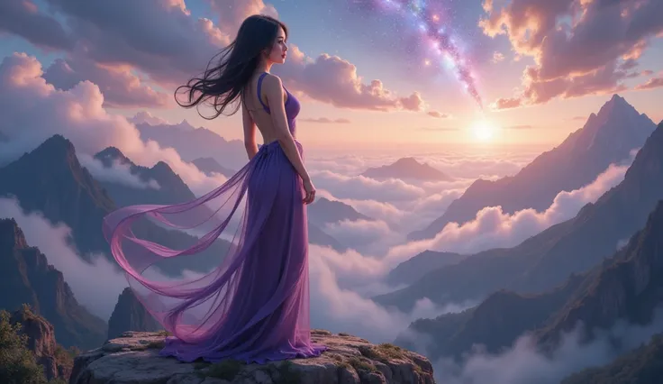 A breathtaking Vietnamese woman with long black hair and a modern ao dai that accentuates her full, alluring chest, stands on a mountain peak overlooking a surreal, colorful world. She gazes at the sky, where stars form the words 'Love Never Fades.' Her ex...