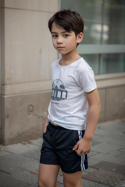 Make a photo of a boy wearing a short t-shirt and shorts