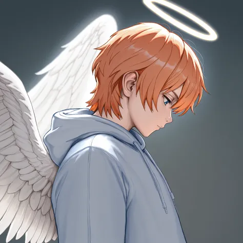 masterpiece, very aesthetic, absurdres, DSK4RT Style, solo, short hair, blue eyes, 1boy, closed mouth, upper body, male focus, wings, hood, orange hair, from side, hoodie, profile, halo, looking down, hood down, feathered wings, angel wings, white wings, a...