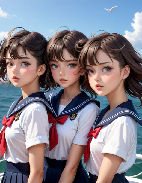   Group Photos,   multiple girls , (( 3 girls)), orgasm,  is watching viewers,   different hairstyles  ,   detail hair ,  Wow , ( sailor suit:1.1),  portrait, ( masterpiece:1.2), 最 high quality,  high quality, ( super detailed), 4K,  Hi-Res,  Photorealisti...