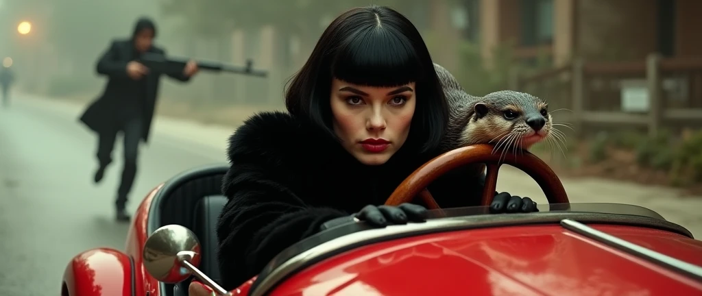 Running away in a red vintage car 、 Bob-cut beauty wearing a black fur coat has a grim expression、There is a Asian small-clawed otter on her shoulder 、 A chaser with a machine gun can be seen in the background 