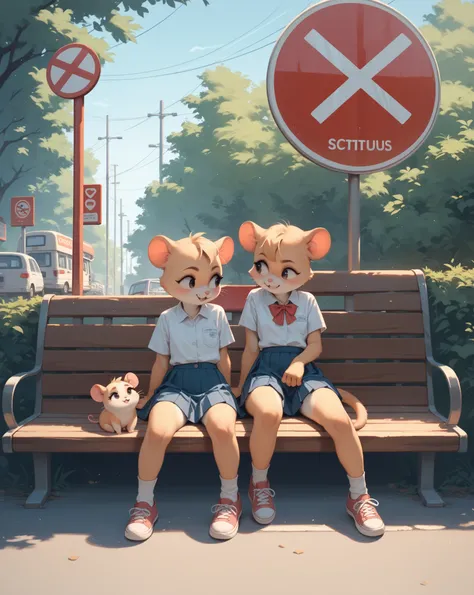 Rural bus stop, two furry hamster schoolgirls , skirt , sitting on a bench , Unprotected , (spread legs:0.8) , bare panty , looking away