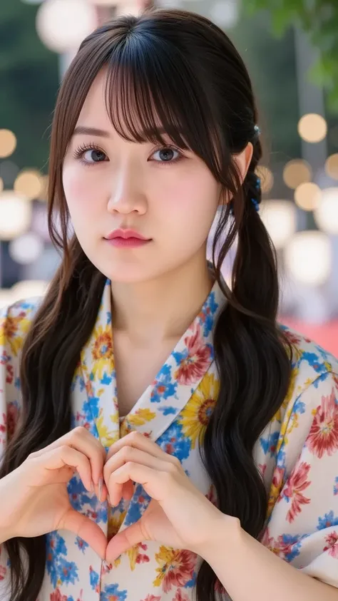 "A cheerful and slightly bratty hood friend with twin-tails and bright amber eyes, wearing a colorful yukata with a sunflower pattern. She stands with her hands on her hips, cheeks puffed in a pout as she says, '早く行くわよ、置いてくから！'. Behind her, the summer fest...