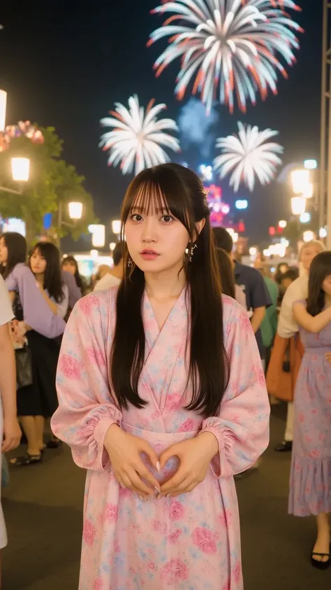 "A cheerful and slightly bratty hood friend with twin-tails and bright amber eyes, wearing a colorful yukata with a sunflower pattern. She stands with her hands on her hips, cheeks puffed in a pout as she says, '早く行くわよ、置いてくから！'. Behind her, the summer fest...