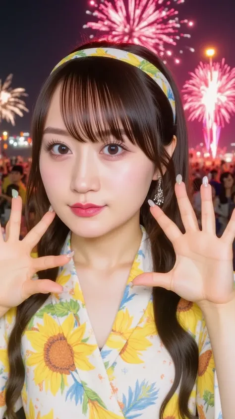 "A cheerful and slightly bratty hood friend with twin-tails and bright amber eyes, wearing a colorful yukata with a sunflower pattern. She stands with her hands on her hips, cheeks puffed in a pout as she says, '早く行くわよ、置いてくから！'. Behind her, the summer fest...