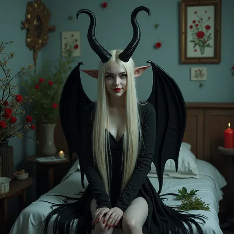 pale white skin young vampire girl aged 23 with very very long blonde royal hair, red demon eyes, red vampire wings, a long demon tail, long ears, sheep horns, wearing black vampire steel heavy armour, sitting on the bed in a hospital room with flowers her...