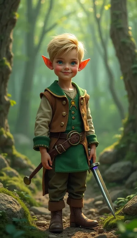  Create a hyper realistic image of a wooded landscape  ,  in a green shade  ,  cut trees  ,  and large rocks  ,  generates in the center of the image a  leprechaun  ,  with human characteristics  ,  and elf ears ,  with blond hair and blue eyes  ,  the boy...