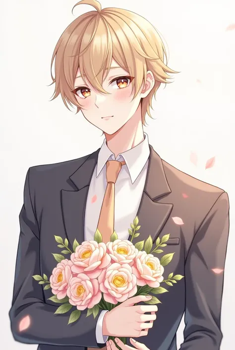  anime-style image of a man wearing a suit and tie holding flowers,  Portrait of a character inspired by Bian Chaumin,  trending on pixiv,  aesthetics, 高橋ヒロユキの配色, A delicate androgynous prince, Elegant colors, A beautiful androgynous prince,  soft cool col...