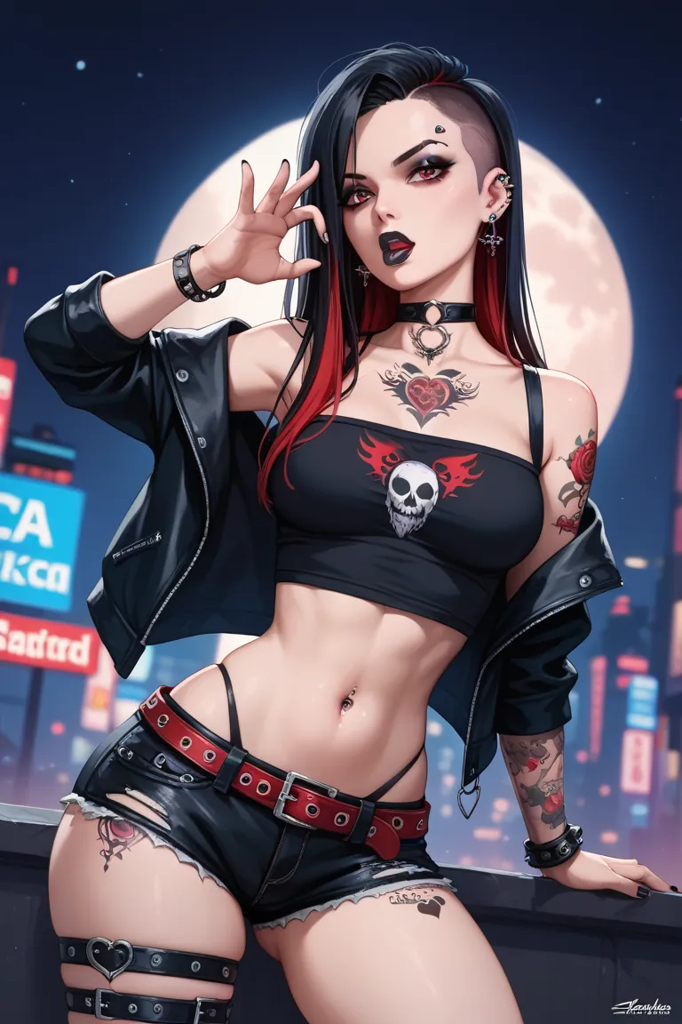 goth girl, medium breasts, big ass, tiny waist, thighs, red eyes, long hair style black sidecut hair with red lines, multicolored hair, two-tone hair, black hair, full body gothic tattooed, gothic thigh tattoo, gothic tattoo on leg, gothic tattoo on the mi...