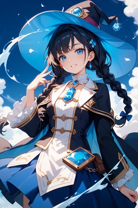  has long black hair 、I have 2 braids。Always wear a neat uniform、black blazer on top。She has a blue jewel on her chest。Large、A wizard hat with neat blue eyes and 、Feeling calm 。 is a student at the Magic Academy 。It's big and blue on the head、 large blue j...