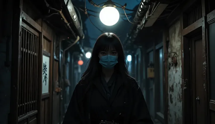 a beautiful Japanese woman standing under a lantern looking at the spectator, she was wearing a long coat and a ( surgical mask that covered half of his face) Her hair was black and long , in an alley in a Japanese town in the 1970s, The atmosphere was ...