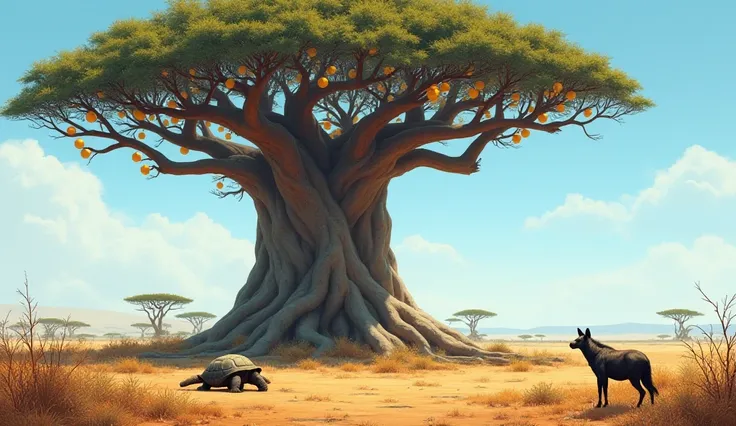 Cut to: The Giant Baobab Tree]
(Tortoise and Hyena arrive at a towering baobab tree, its branches heavy with ripe fruits.)
