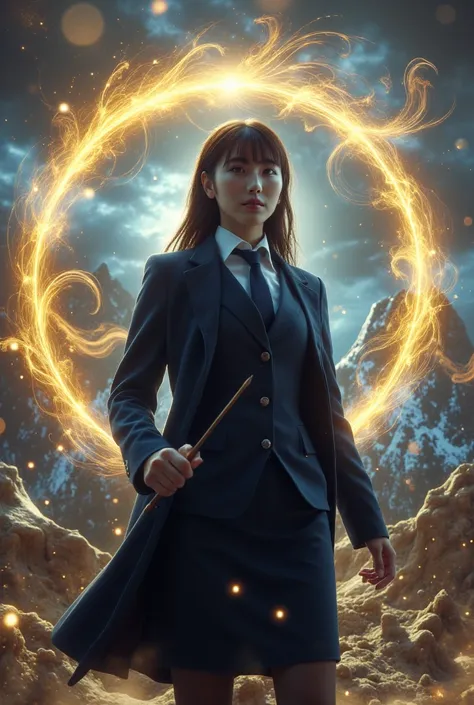 ((Sexy beautiful Japanese woman, self difence officer uniform, wearing navy blue long coat, white shirts, navy blue tie, navy blue pencil skirt, epaulette):1.5), The woman holds a Luxury magic wand in her right hand held out in front of her body, A large g...