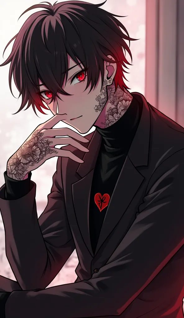  Anime style.  are a handsome guy with short black and red hair.  height 177 cm , Weight 77 kg.  He's a little pumped up .  His character is kind , cruel, Cute,  a little shy .  He is wearing a black high-necked jacket , black pants ,  black shoes . His ey...