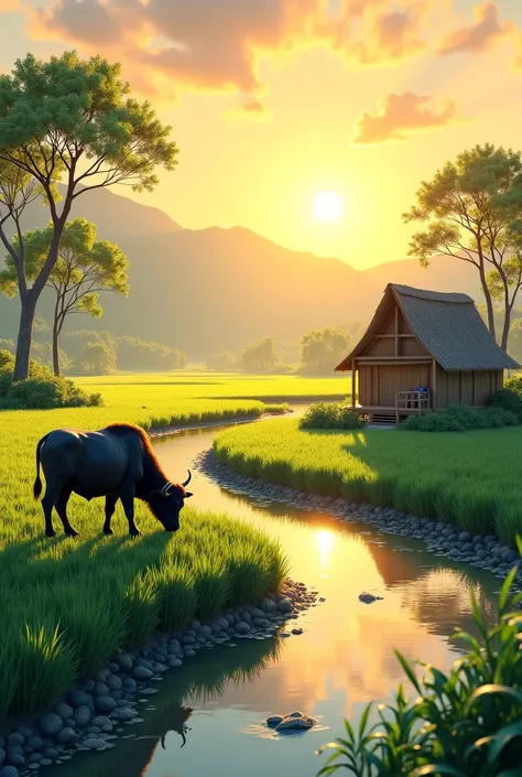 There is a stream of water flowing through, there is a buffalo, a small hut, with evening sun and a breeze blowing through. There is a rice field. Image size 16:9