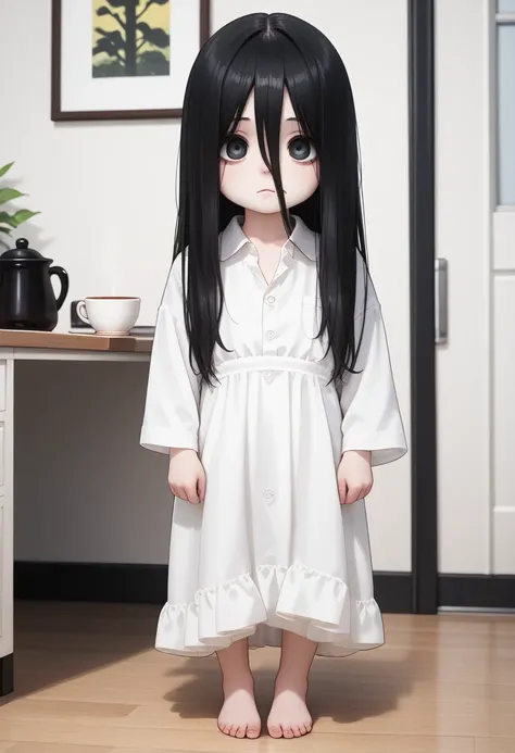 Cute Sadako Yamamura, chibi, little, flat-chested, long man's white buttoned office cotton shirt, barefoot, full body included legs, with cup of tea in hand, Her hair full hangs over her face