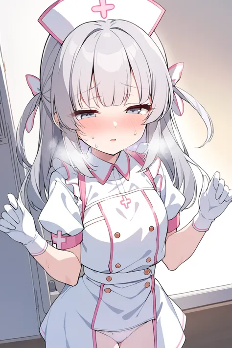  1 girl,  nurse,白い nurse服,chest,  Rough Breathing, Half-closed eyes,  panties, open,sweat,White rubber gloves, elementary school student,Gray Hair,  open